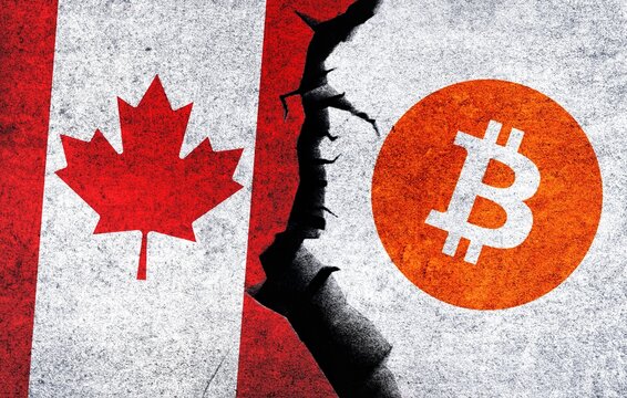 Canada and Bitcoin symbol together. Crypto Currency in Canada. Relations between Bitcoin and Canada