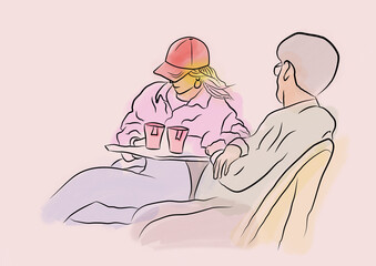 man and woman drinking coffee in a cafe  - 694440807