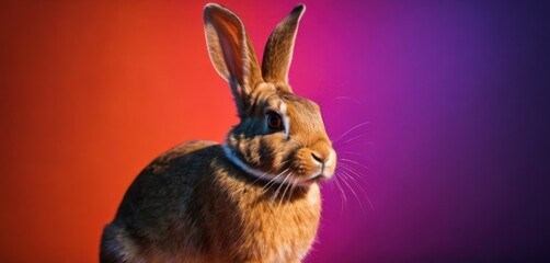  a close up of a brown rabbit on a purple and red background with a pink and purple background behind it.