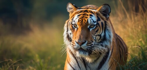  a close up of a tiger in a field of tall grass with grass in the foreground and trees in the background.