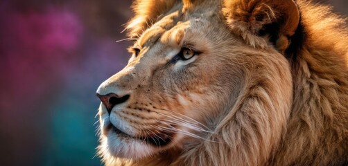  a close - up of a lion's face with a blurry background of blue, pink, and purple.