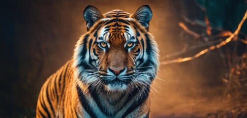  a close up of a tiger looking at the camera with a blurry background of trees and branches in the background.
