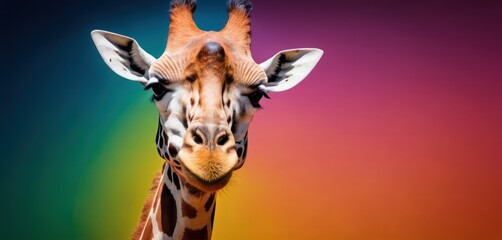  a close up of a giraffe's face with a multi - colored background in the foreground.