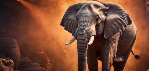  an elephant with tusks standing in front of a group of other elephants in a dark, foggy area.
