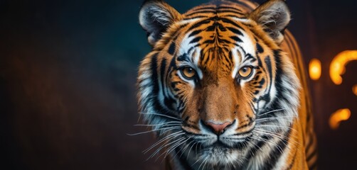  a close up of a tiger's face in front of a black background with a yellow light behind it.