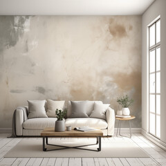 Modern interior of open space with design modular sofa, furniture, wooden coffee tables, plaid, pillows, stylish home decor. Neutral living room.