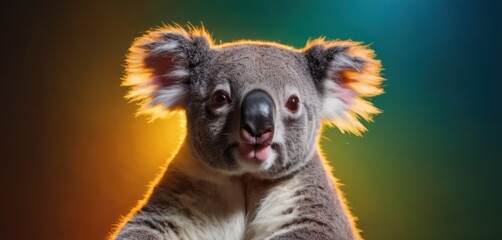  a close up of a koala bear with its tongue out and eyes wide open, with a blurry background.