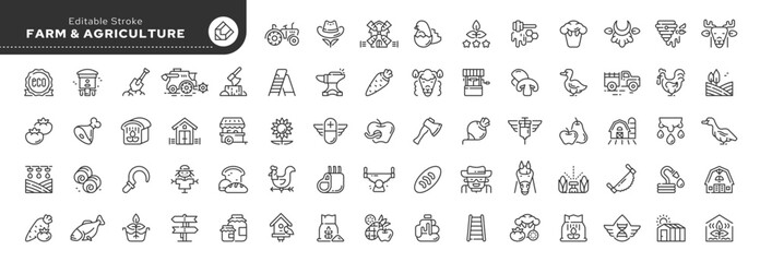 Set of line icons in linear style. Set - Farming, farm and agriculture. Animal husbandry and livestock breeding. Outline icon collection. Conceptual pictogram and infographic. Editable stroke. - obrazy, fototapety, plakaty