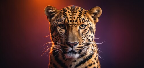  a close up of a cheetah's face with a red light in the background and a blurry background.