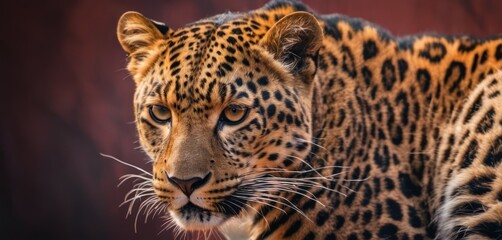  a close - up of a leopard's face with a red wall in the back ground behind it and a blurry background behind it.
