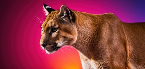 a close - up of a mountain lion's face against a pink, purple, and blue background,.