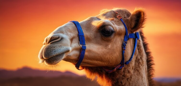  a close up of a camel's head with a sunset in the back ground behind it and a mountain range in the background.