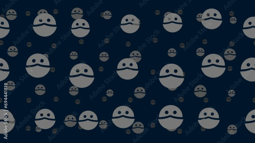 Poster masked face symbols float horizontally from left to right. parallax fly effect. floating symbols are