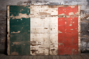 Flag of Italy background on wooden panel board banner which is also known as the Italian Tricolour with a distressed vintage weathered effect, stock illustration image