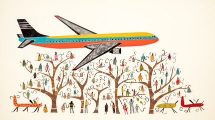 An oddly shaped plane with mismatched colors and patterns flying over a stick-figure family on vacation.