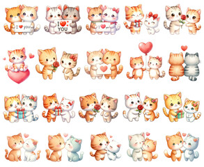 Watercolor Cute Cat Couples Set. Set of Romantic Cat Pairs Clipart. Valentine's Concept. Watercolor Cat Couple Illustrations.