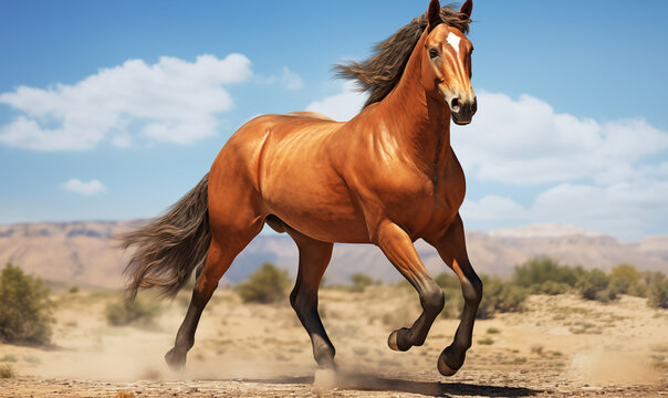 Red horse galloping in the desert. Horizontal color image.