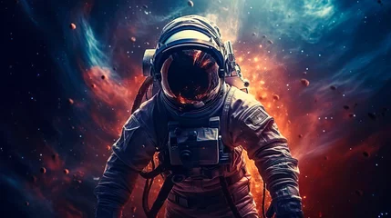 Foto op Canvas A portrait of a male astronaut explores mysterious outer space. An expedition into deep space in order to search for new planets adapted for human life. Scientific mission flight. Amazing nebula © Irina