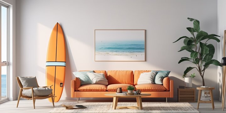 Stylish living room with surfboard, synthesizer and sofa.