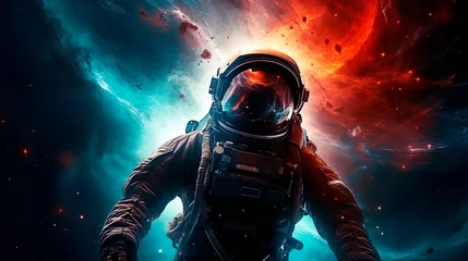 Fotobehang A portrait of a male astronaut explores mysterious outer space. An expedition into deep space in order to search for new planets adapted for human life. Scientific mission flight. Amazing nebula © Irina
