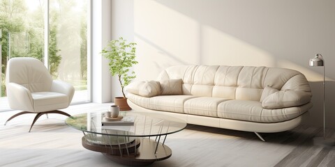 A living room with a white color scheme, featuring a sofa in taupe leather and a glass table. - obrazy, fototapety, plakaty