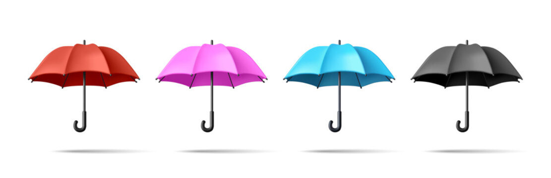 Realistic rain umbrella set of illustrations, 3d render cartoon style volume graphics in different colours