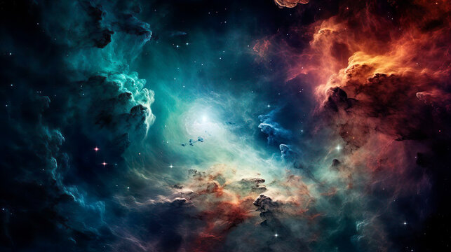 Birth of supernova star. Big bang explosion in outer space. The genesis of a new planet in the galaxy. Expansion of universe. Gas dust clouds nebula background.
