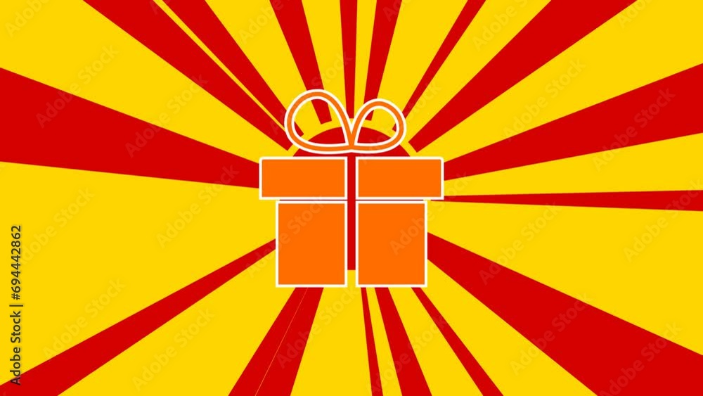 Poster gift symbol on the background of animation from moving rays of the sun. large orange symbol increase