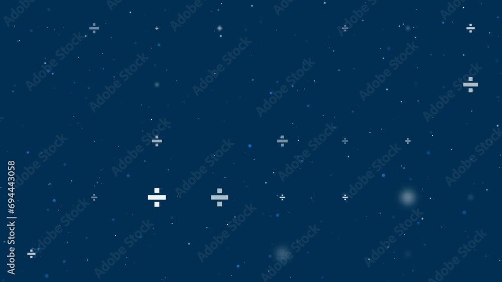 Poster Template animation of evenly spaced division symbols of different sizes and opacity. Animation of transparency and size. Seamless looped 4k animation on dark blue background with stars