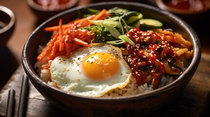 Bibimbap closeup, Asian traditional food, Korean cooking specialty with cucumbers, carrots, mushrooms, meat, sesame seeds and rice, served with hot red pepper sauce, large delicious serving  - Powered by Adobe