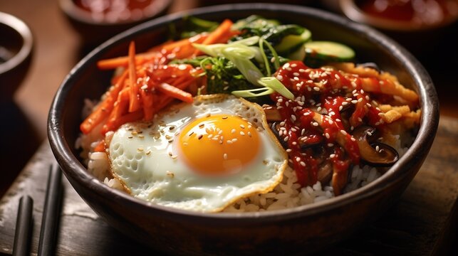 Bibimbap closeup, Asian traditional food, Korean cooking specialty with cucumbers, carrots, mushrooms, meat, sesame seeds and rice, served with hot red pepper sauce, large delicious serving 