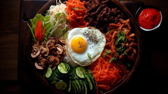 Closeup of bibimbap asian food bowl with fried egg, Korean cuisine specialty with cucumbers, carrots, mushrooms, beef, chicken, pork and rice, served with hot chilli sauce, one large colorful serving 