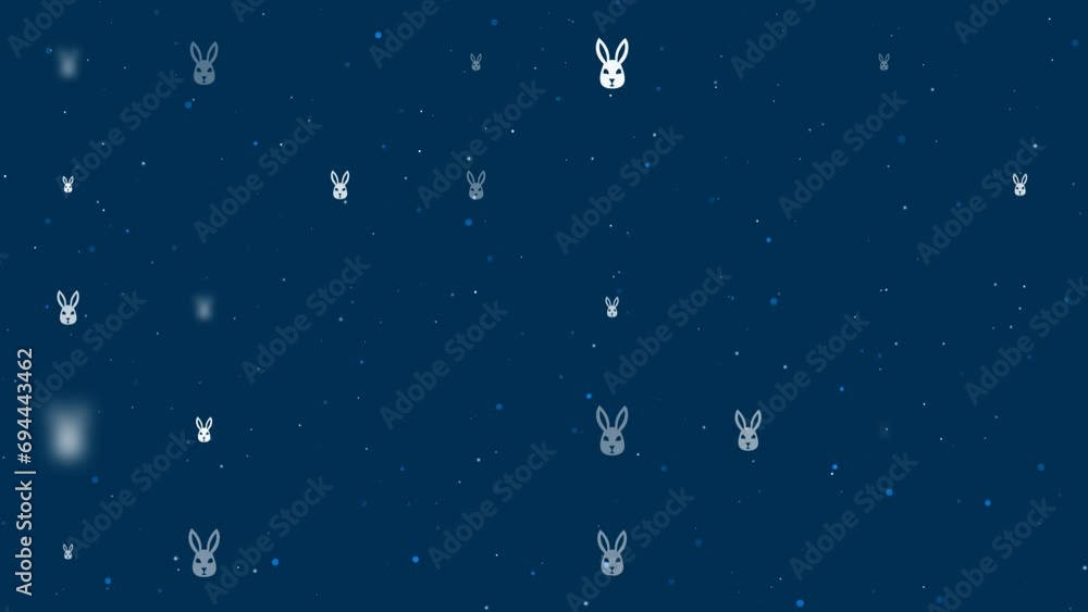 Poster template animation of evenly spaced cute hare head symbols of different sizes and opacity. animation