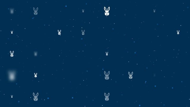 Template animation of evenly spaced cute hare head symbols of different sizes and opacity. Animation of transparency and size. Seamless looped 4k animation on dark blue background with stars