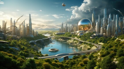 Futuristic sustainable green city, concept of city of the future based on green energy and eco industry, future city with skyscrapers and modern buildings. - obrazy, fototapety, plakaty