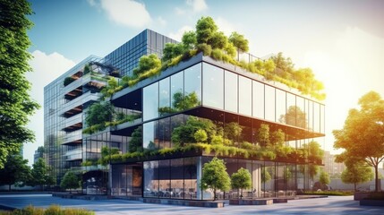 Obraz premium Eco architecture in the modern city, Green tree and glass office building. The harmony of nature and modernity, office building with green environment.