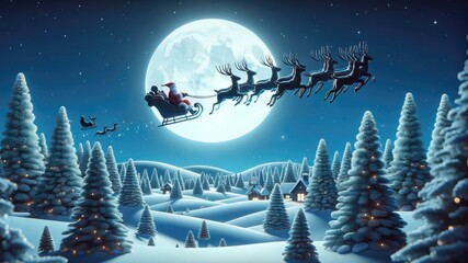 Merry Christmas background scene with Santa Claus on sleigh in a starry night sky with reindeer in 3d style illustration. - obrazy, fototapety, plakaty