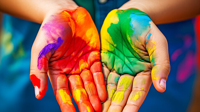 A close-up of a teen's hands joined together, painted with the colors of the rainbow.