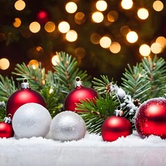 Fototapeta na wymiar fir tree and decorations with christmas light behind