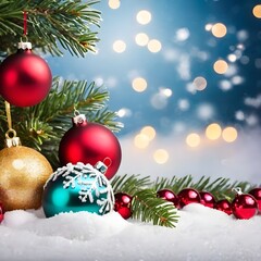 Naklejka na ściany i meble fir tree and decorations with christmas light behind