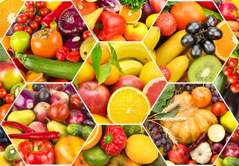 Photo collage of various vegetables and fruits, located in a mosaic.