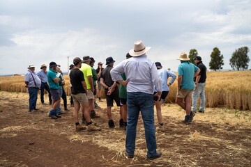 group of farmers in a field learning about wheat and barley crops from an agronomist with trial...
