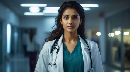 Portrait of a young female doctor with stethoscope at hospital corridor
