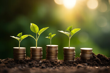 Seedlings are growing on the Coins stack with cubes, business growth, profit, and success development to achieve the target. Strategic planning - obrazy, fototapety, plakaty