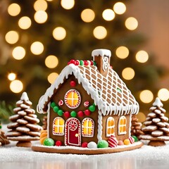 Christmas gingerbread house decoration on white background of defocused golden lights. 