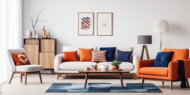 A real photo of a white living room with a navy peony rug, a fancy navy blue sofa, and orange and red cushions on it. A basic wooden coffee table is also featured.
