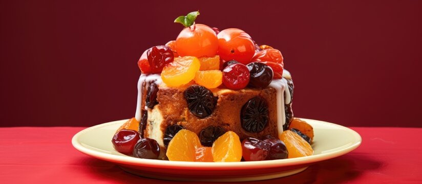 Fruit cake with mixed fruit and cherries on a red napkin, very tasty.