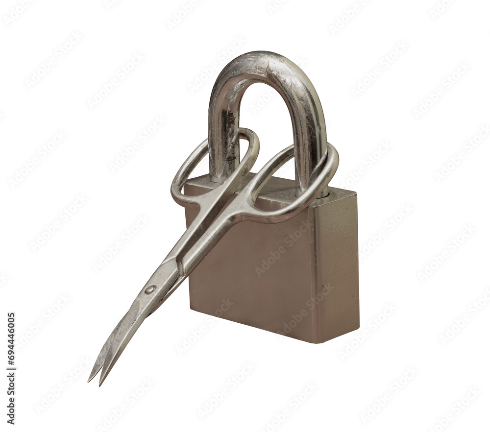 Wall mural old rusty padlock and scissors on transparent background