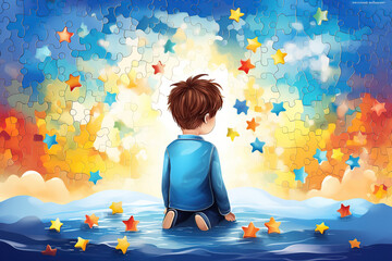 World Autism Awareness Day Concept, Little child colorful puzzle, cartoon idea