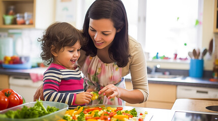 Professional childminder providing a nutritious meal for kids at daycare. An inspiring image perfect for illustrating health & childcare.